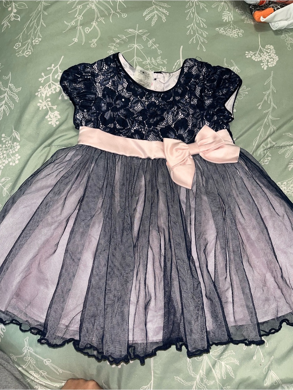 Bonnie Baby Navy Lace Dress with Pink Satin Bow